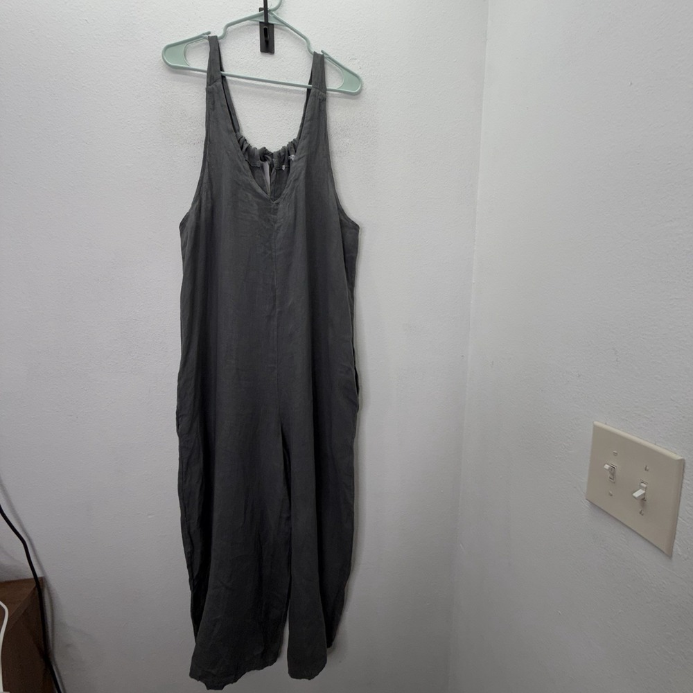 Tempo Paris Women's Size XL Gray 100% Linen Wide Leg Jumpsuit Made in Italy Boho